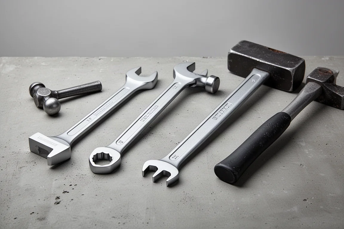 Three striking wrenches and two hammers arranged on a concrete surface