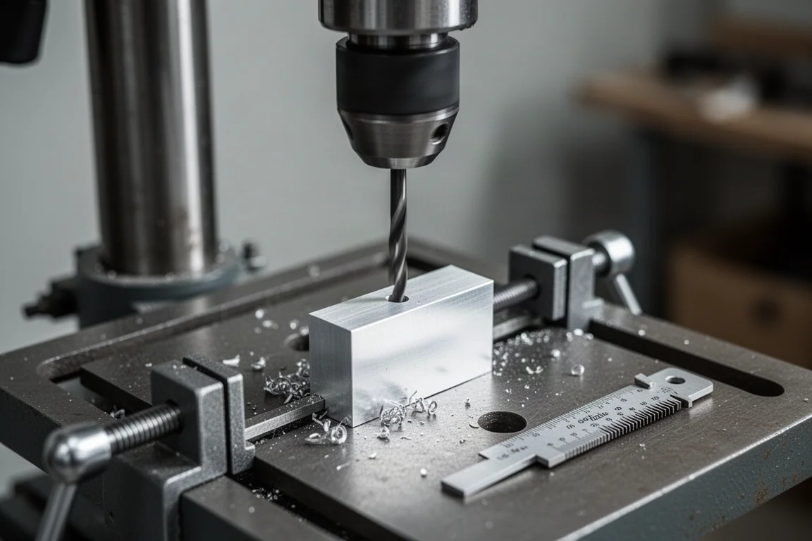 Gaten boren en tappen in aluminium testblokken op een kolomboor