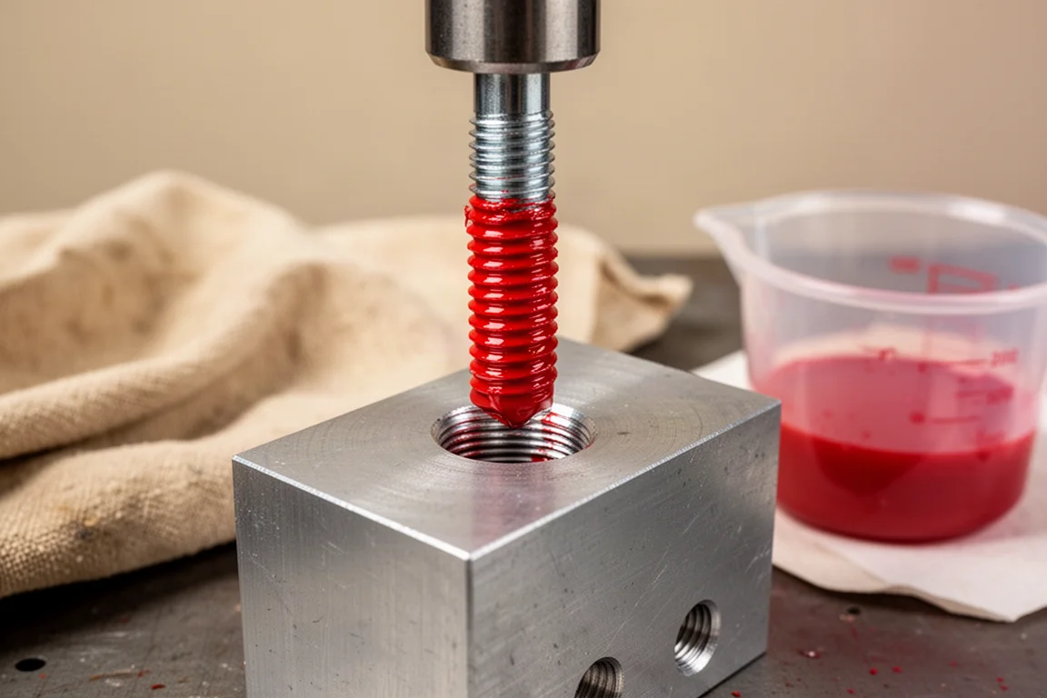 Boltschroefdraad bedekt met rode thread locker wordt in een aluminium blok gemonteerd