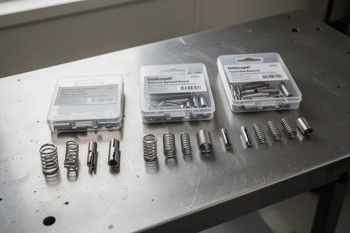 Drie kits met draadinserts op een werkbank, gerangschikt op insertdiameter