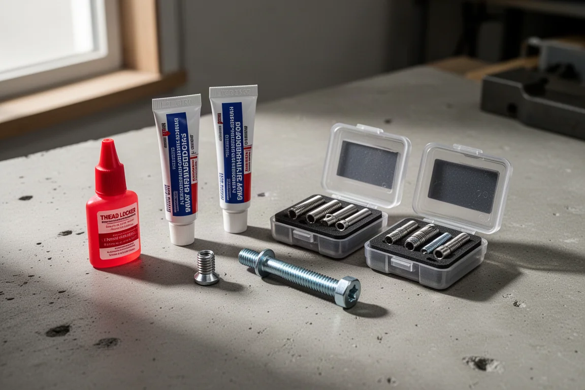 Kits voor draadreparatie, epoxytubes en een fles thread locker op een werkbank