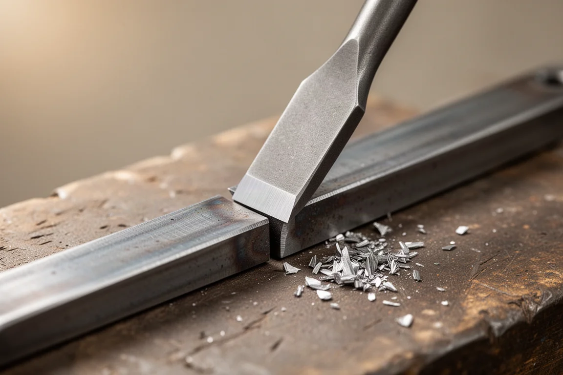 Cesola piana da battitura in acciaio conficcata tra due componenti metallici uniti su un banco da lavoro