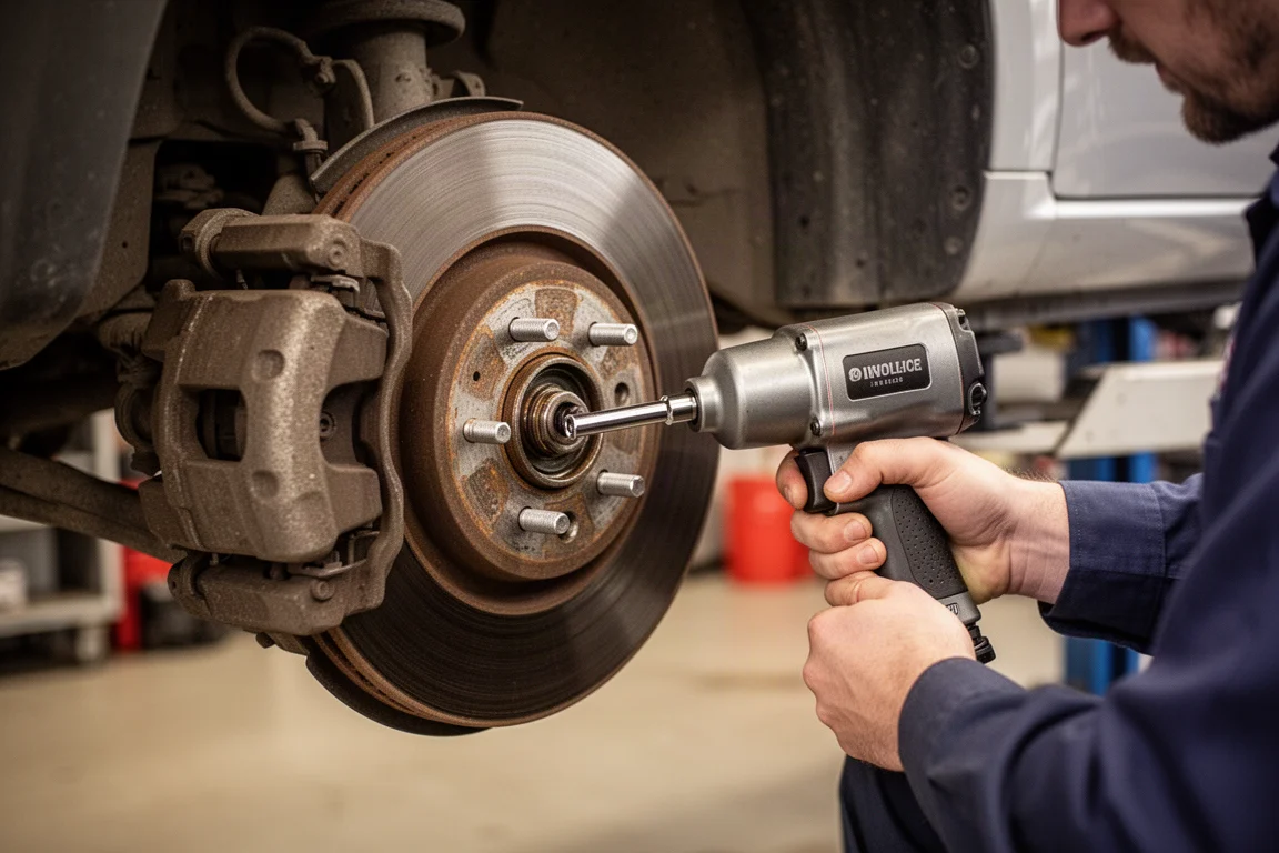Mãos de um mecânico usando uma chave de impacto stubby em um compartimento de motor apertado