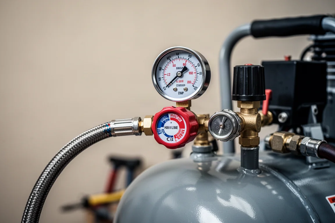 Regulador de compressor de ar e mangueira fornecendo alta pressão de linha às ferramentas