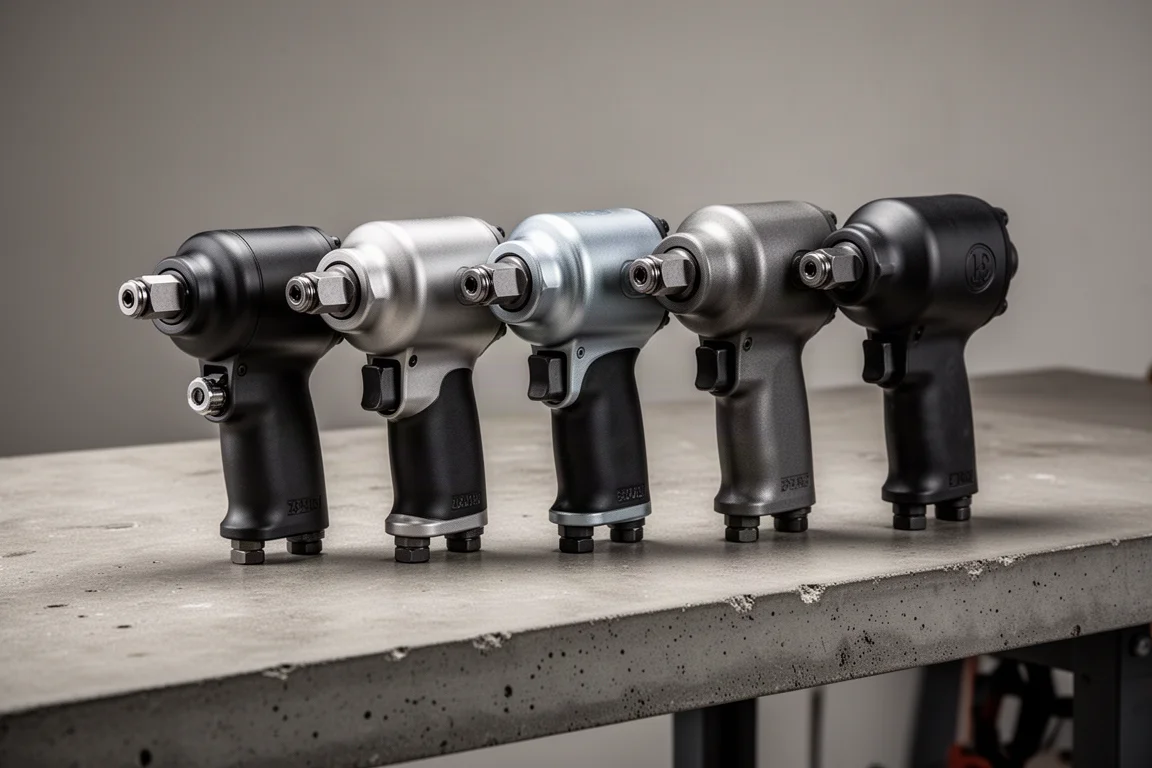 Cinco chaves de impacto pneumáticas stubby compactas alinhadas sobre uma bancada de concreto