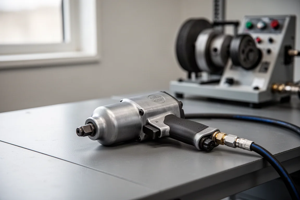 Chave de impacto pneumática compacta apoiada em uma bancada de oficina ao lado de um equipamento de teste de torque