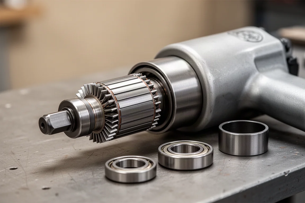 Motor de chave de impacto desmontado mostrando rotor e pás sobre uma bancada de trabalho