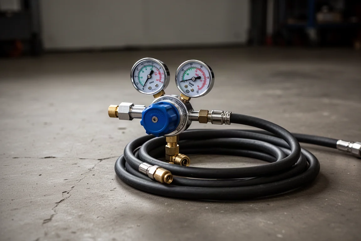 Mangueira de compressor de ar e manômetros de regulador em ambiente de oficina