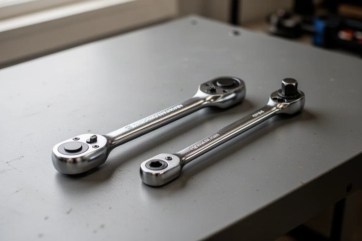 Mechanic's hand holding a compact stubby ratchet beside a standard-length ratchet for size comparison