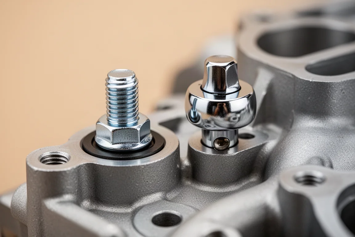 Close-up of a small low-profile ratchet head fitting into a tight clearance next to a bolt