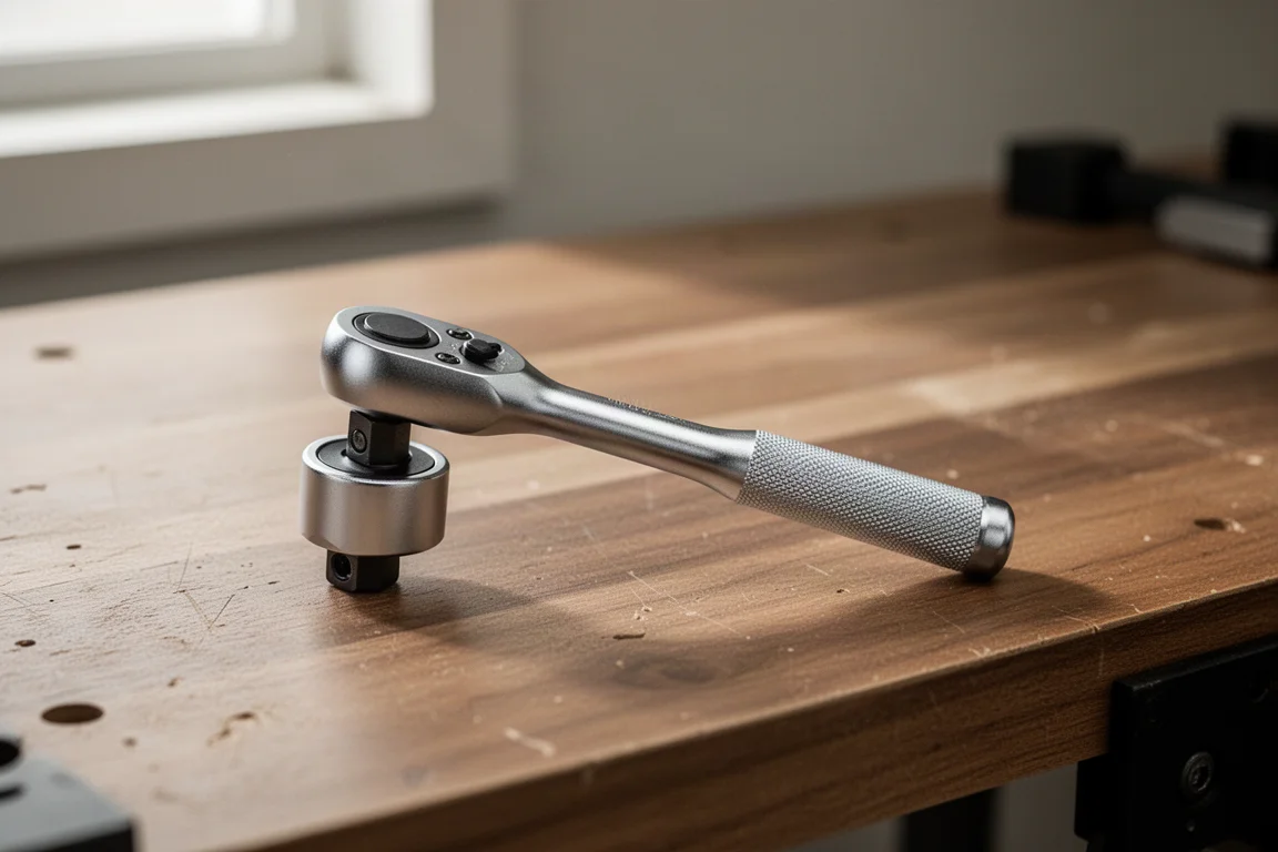 Japanese-made flex head ratchet resting on a wooden workbench in soft light