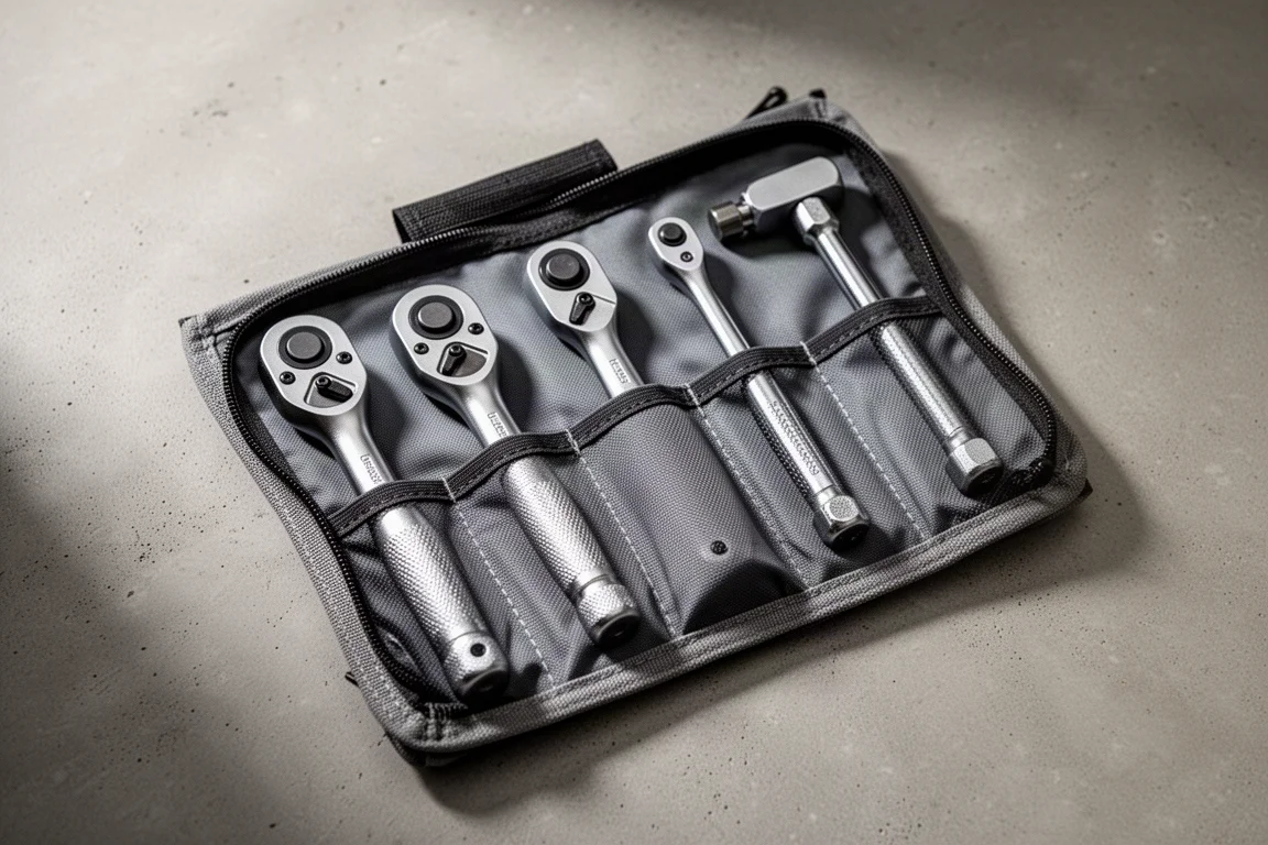 Assorted compact ratchets arranged in a drawer tray for a go kit