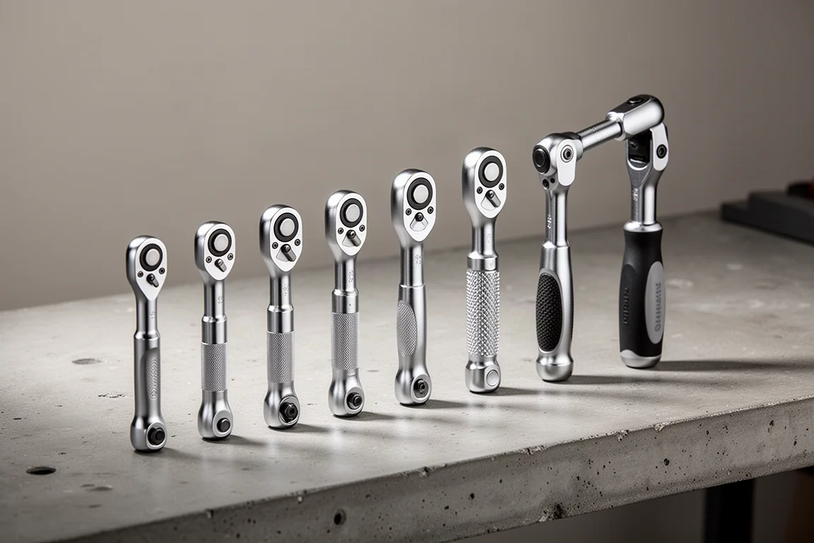 Row of compact stubby ratchets on a concrete workbench surface