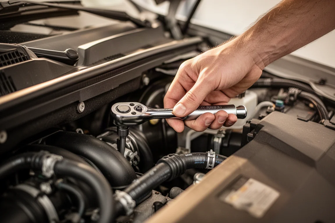 Mechanic working a compact ratchet in a tight engine bay gap
