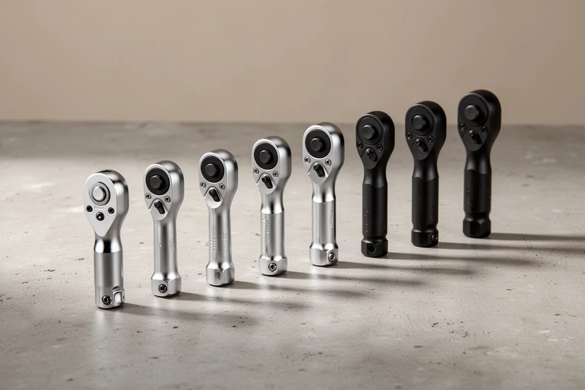 Row of compact stubby ratchets in varying sizes on a concrete surface