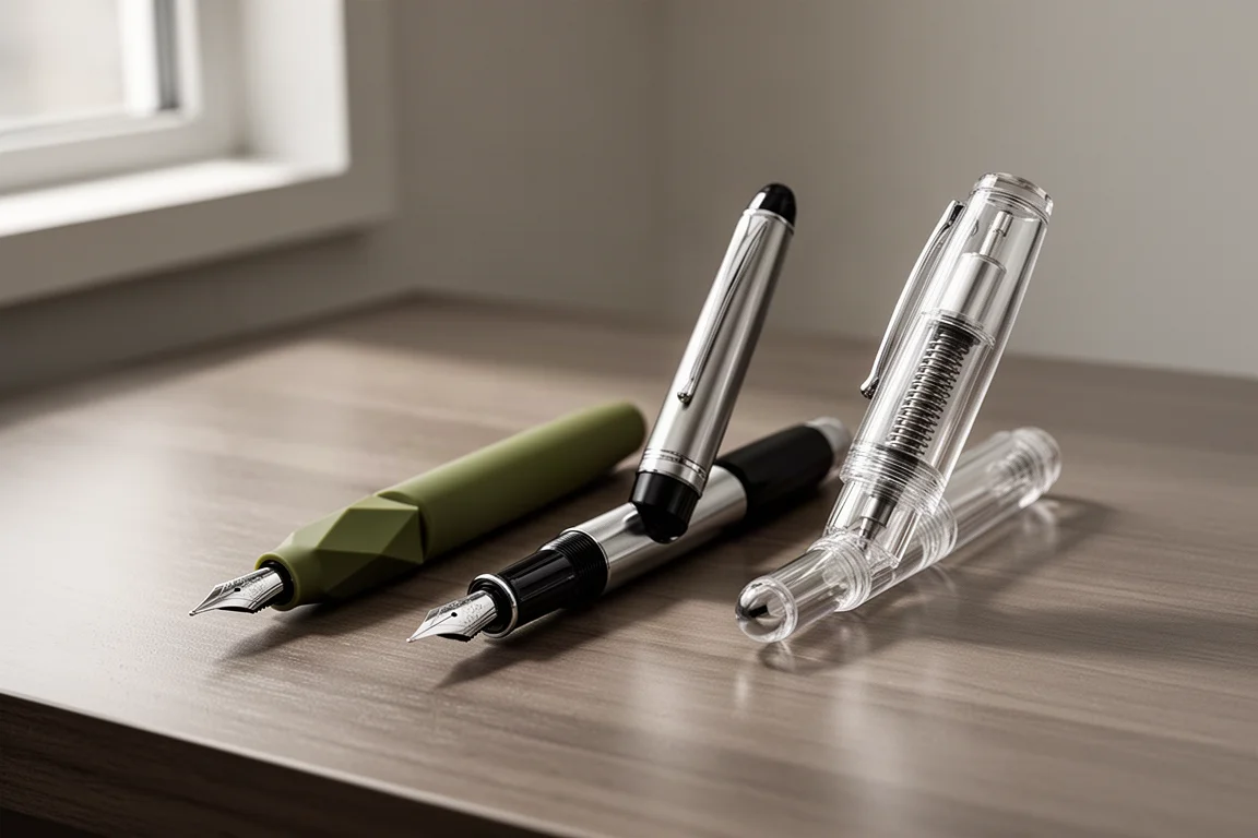 Three fountain pens side by side on a brushed wood desk