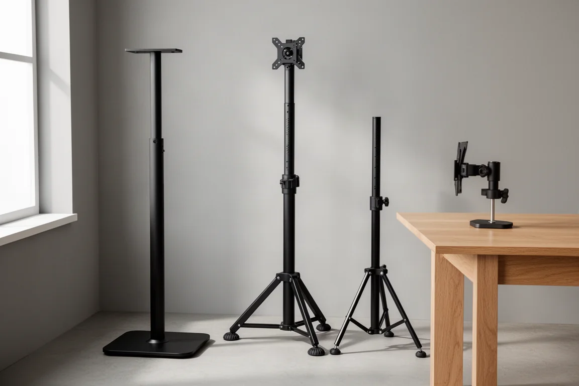 Three studio monitor stands, two floor stands and one desk-mounted, in a studio room