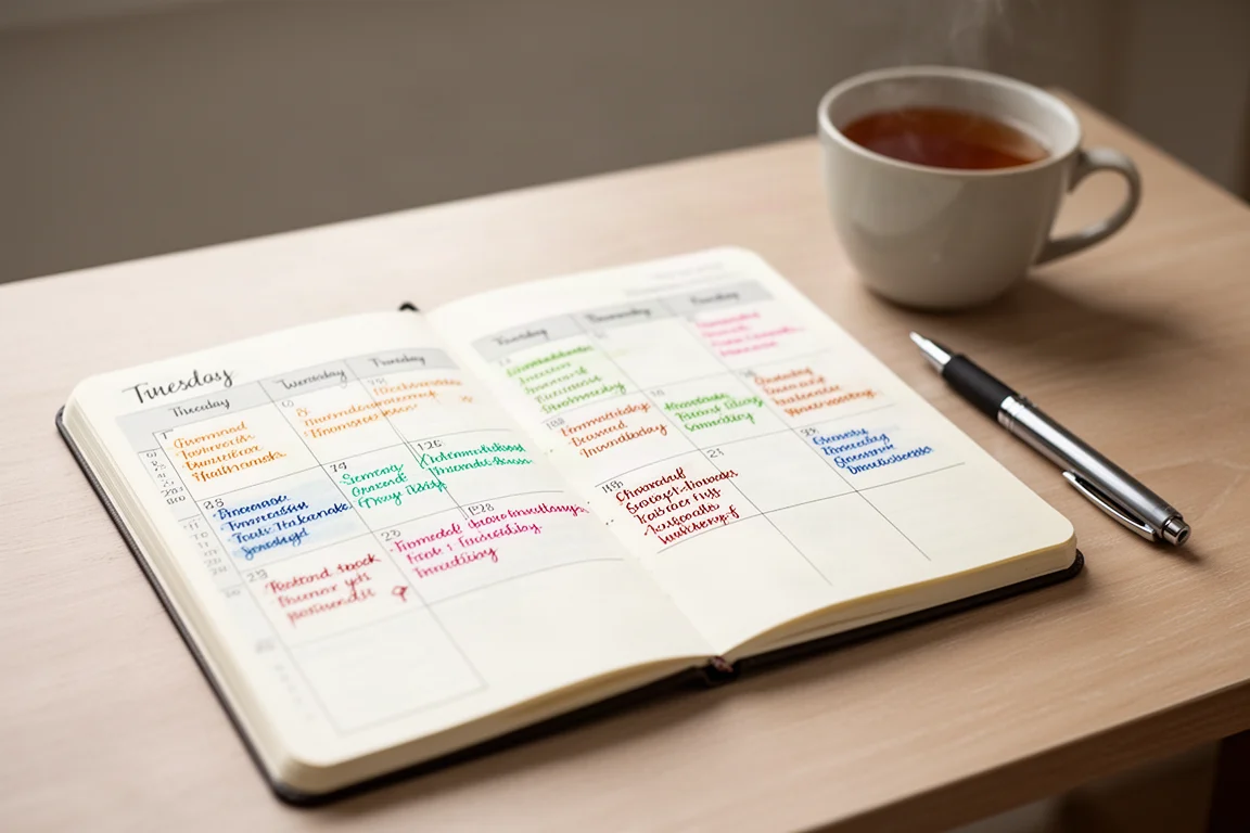 Open studieplanner met een handgeschreven weekplanning op een bureau