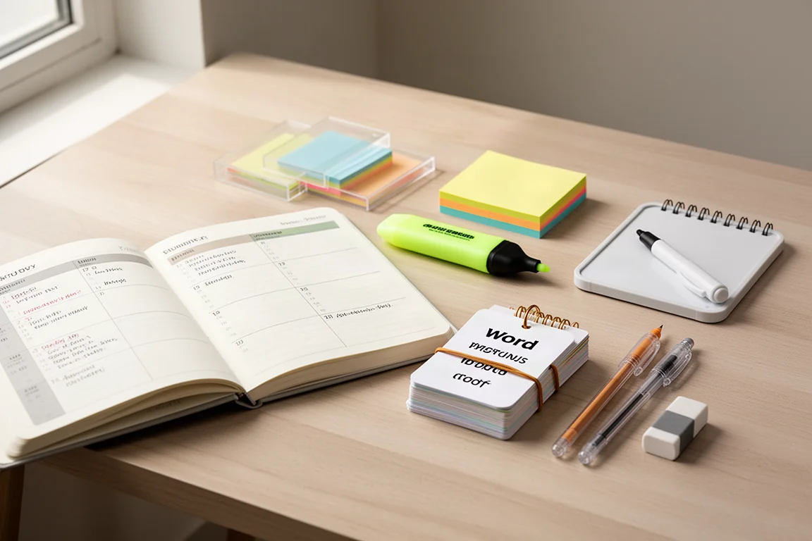 Flat-lay of study stationery including planner, sticky notes, pens, pencil, and eraser on a desk
