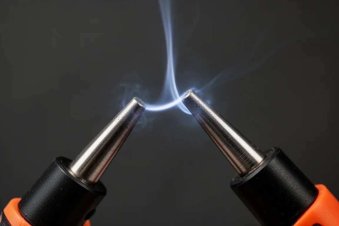 Elektrischer Lichtbogen, der zwischen zwei Elektrodenzinken in dunkler Umgebung überspringt