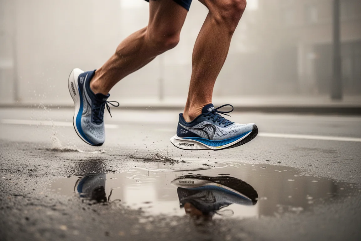 Piedi di un corridore con scarpe da gara con piastra in carbonio che avanرانno sull'asfalto bagnato della città