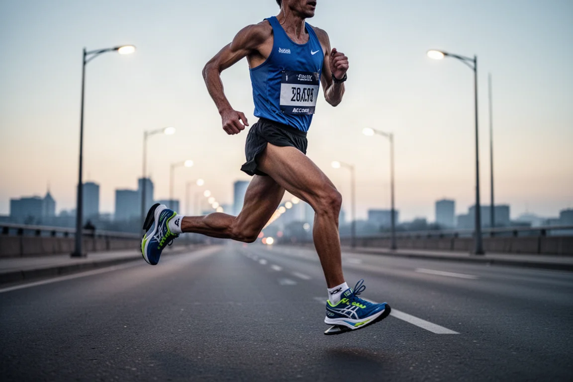 Atleta che corre soglie di allenamento su una strada cittadina vuota all'alba