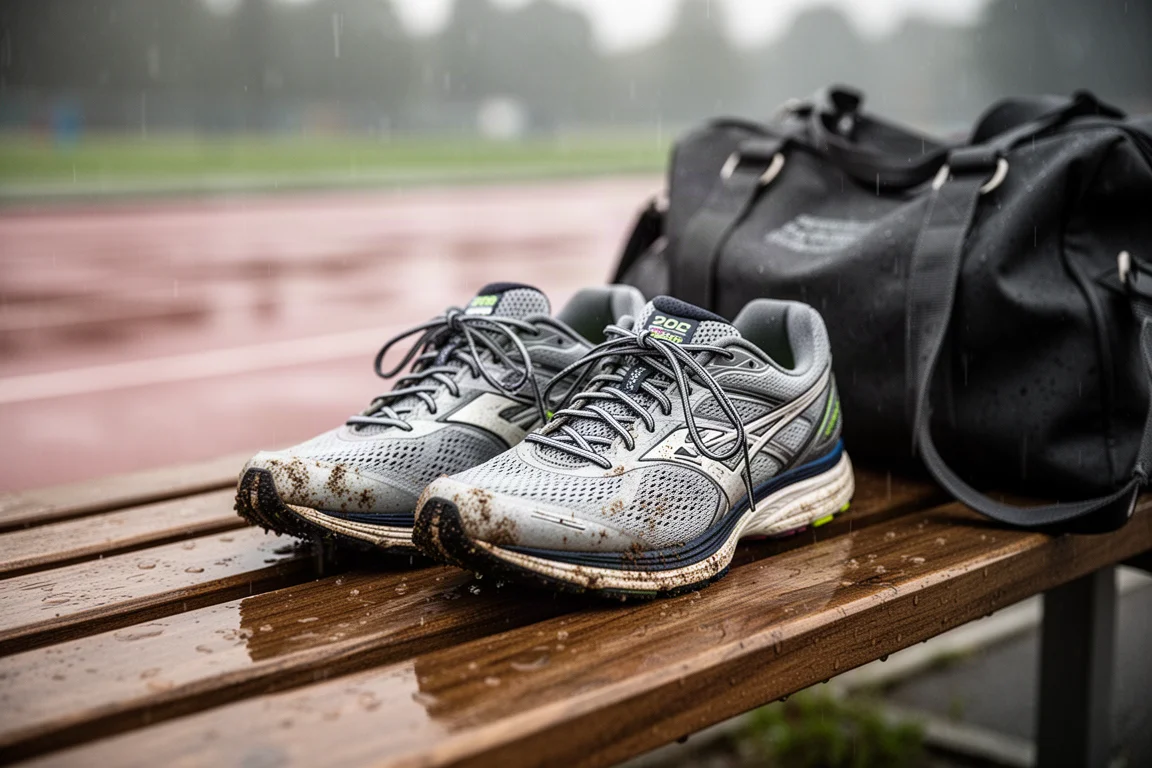 Scarpe da gara che si asciugano su una panca dopo un allenamento di tempo sotto la pioggia