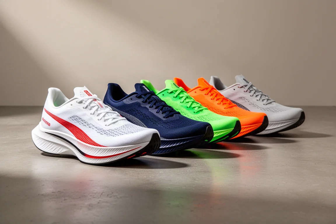 Row of carbon-plated marathon racing shoes in different colorways on concrete