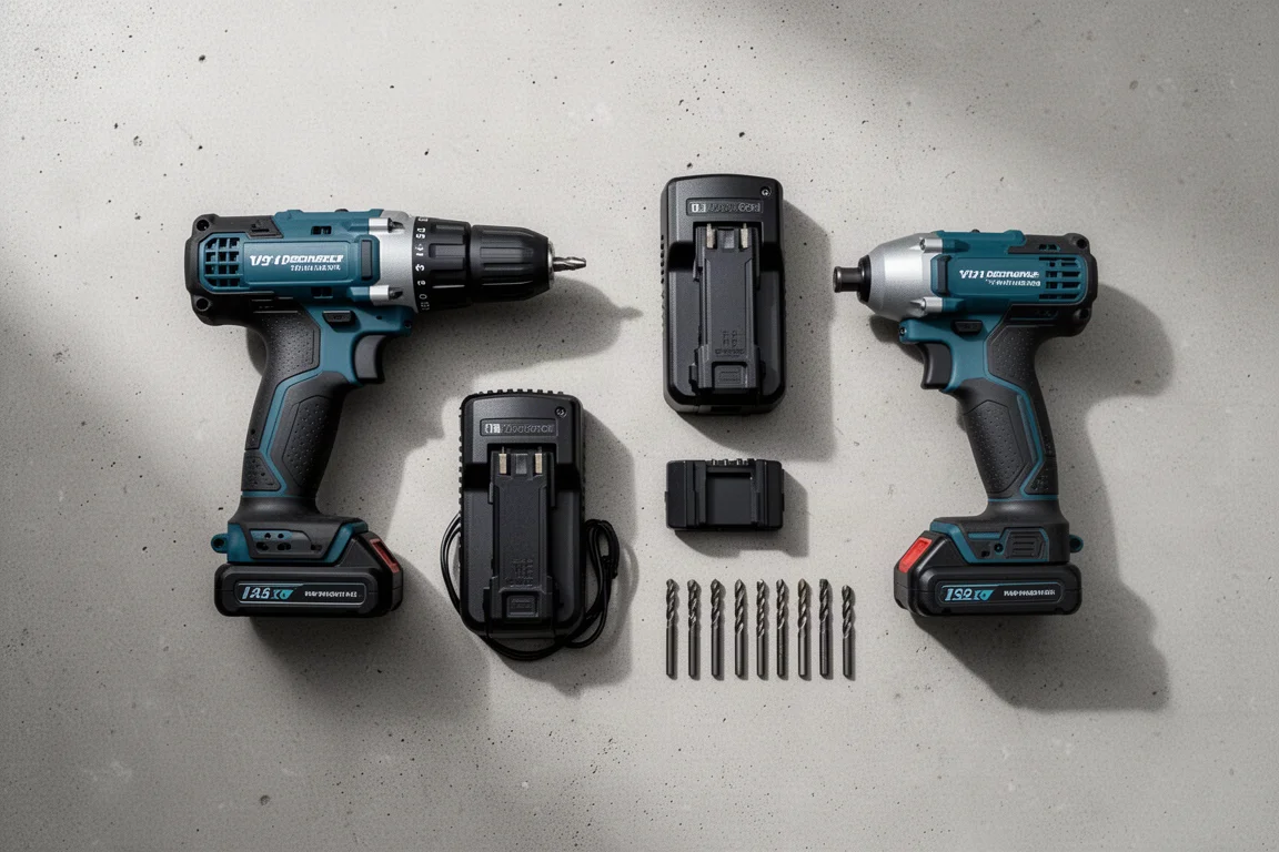 Vista cenital de un kit de taladro e impactador con baterías y cargador