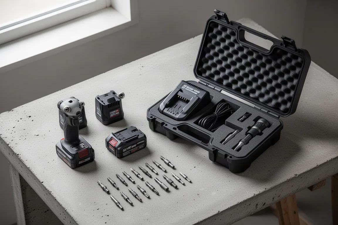 Workbench scene with impact drivers, battery packs and charger laid out