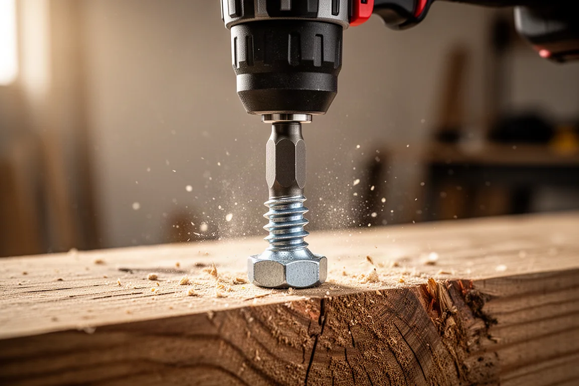 Close-up of an impact driver driving a large lag bolt into timber
