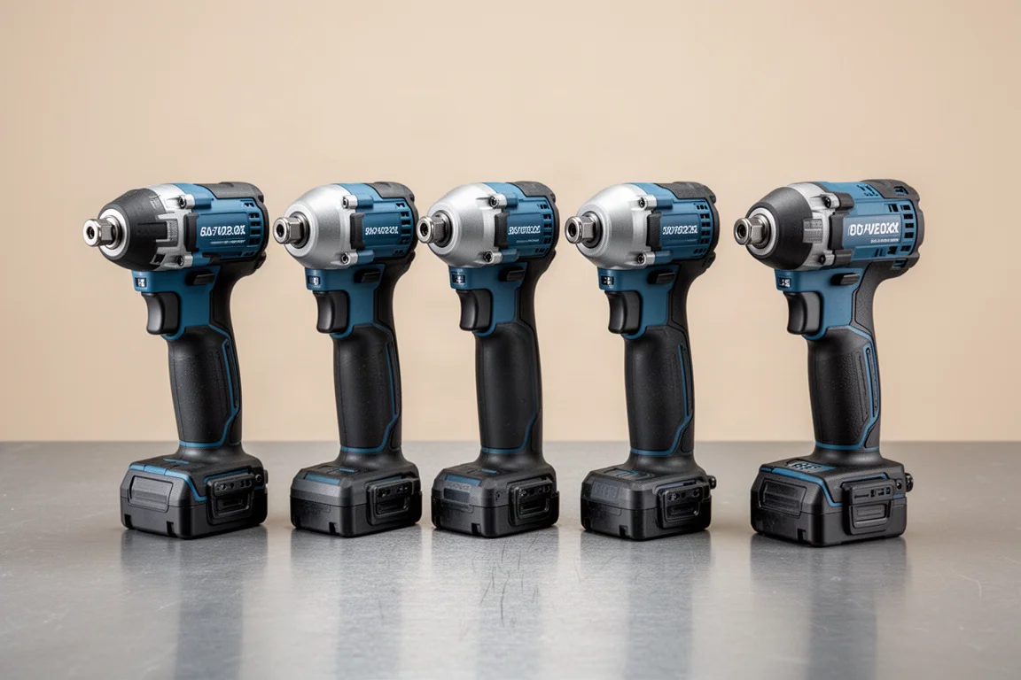 Four impact drivers lined up side by side for a length comparison