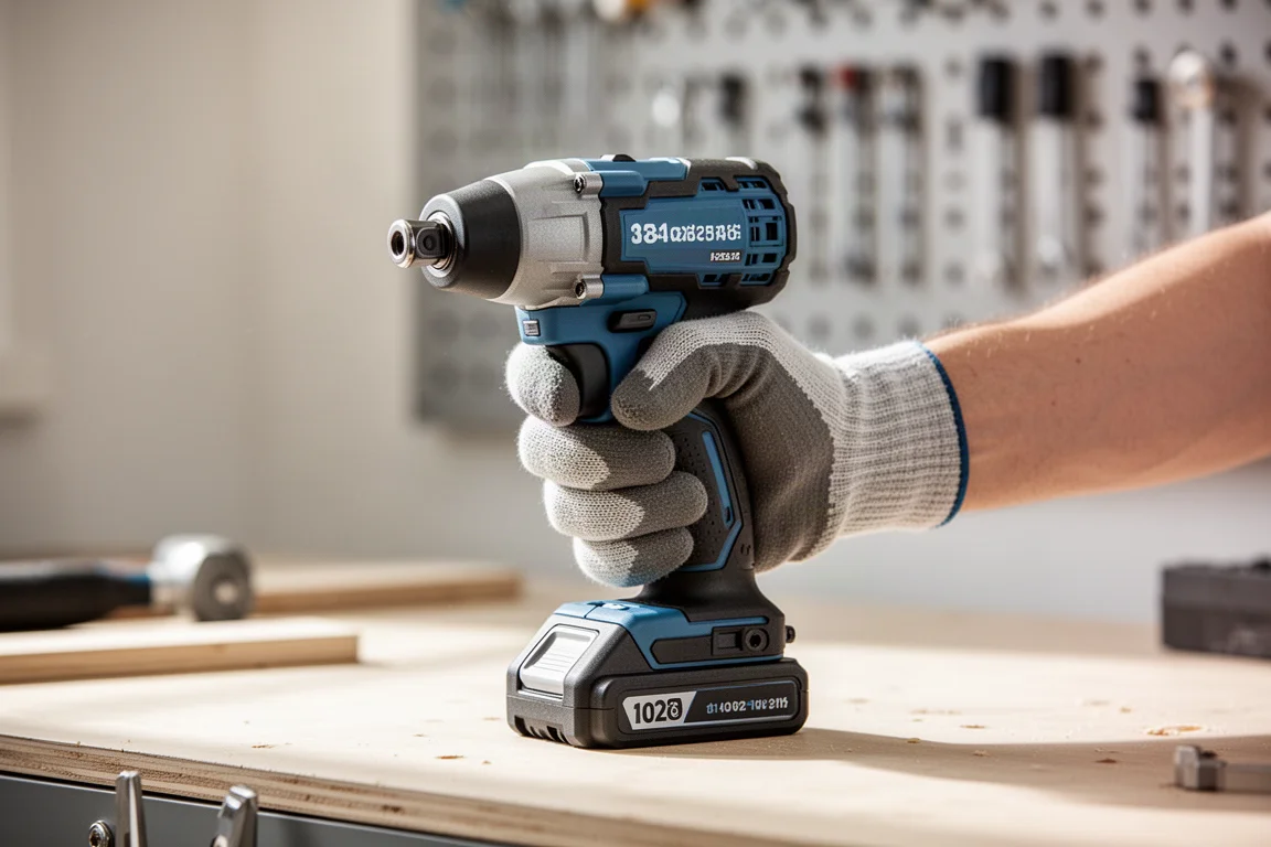 Hands gripping a compact impact driver in a bright workshop setting