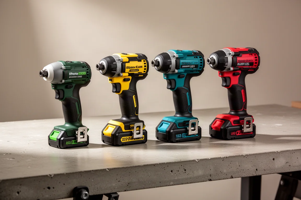 Four compact cordless impact drivers lined up on a concrete workbench