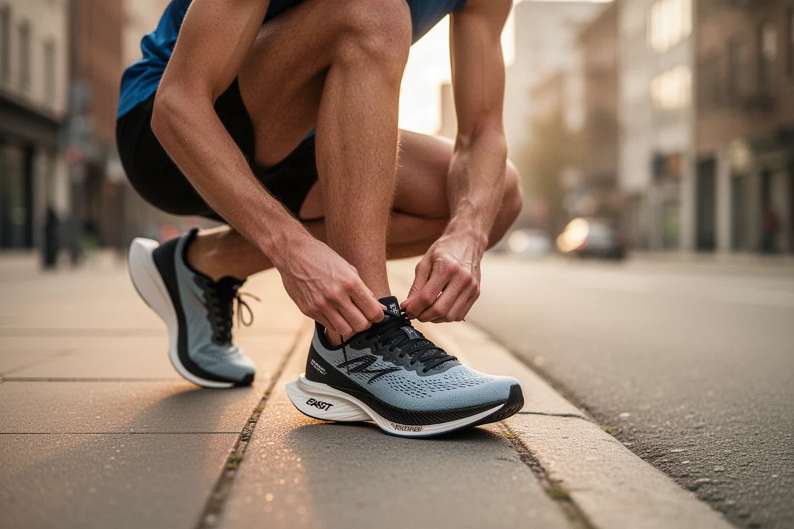 Runner tightening racing shoe laces on a city curb before a morning run