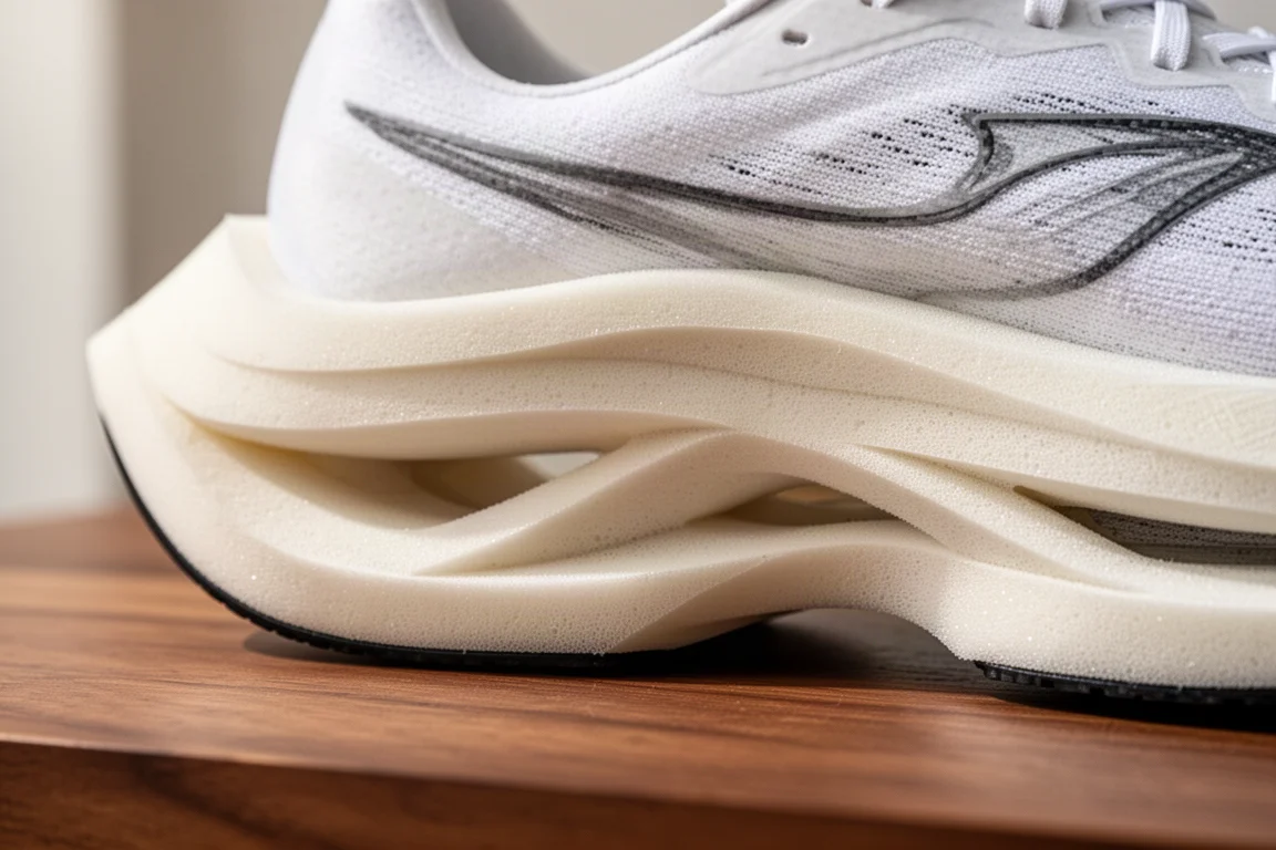 Close-up of thick foamy midsole foam under a racing shoe