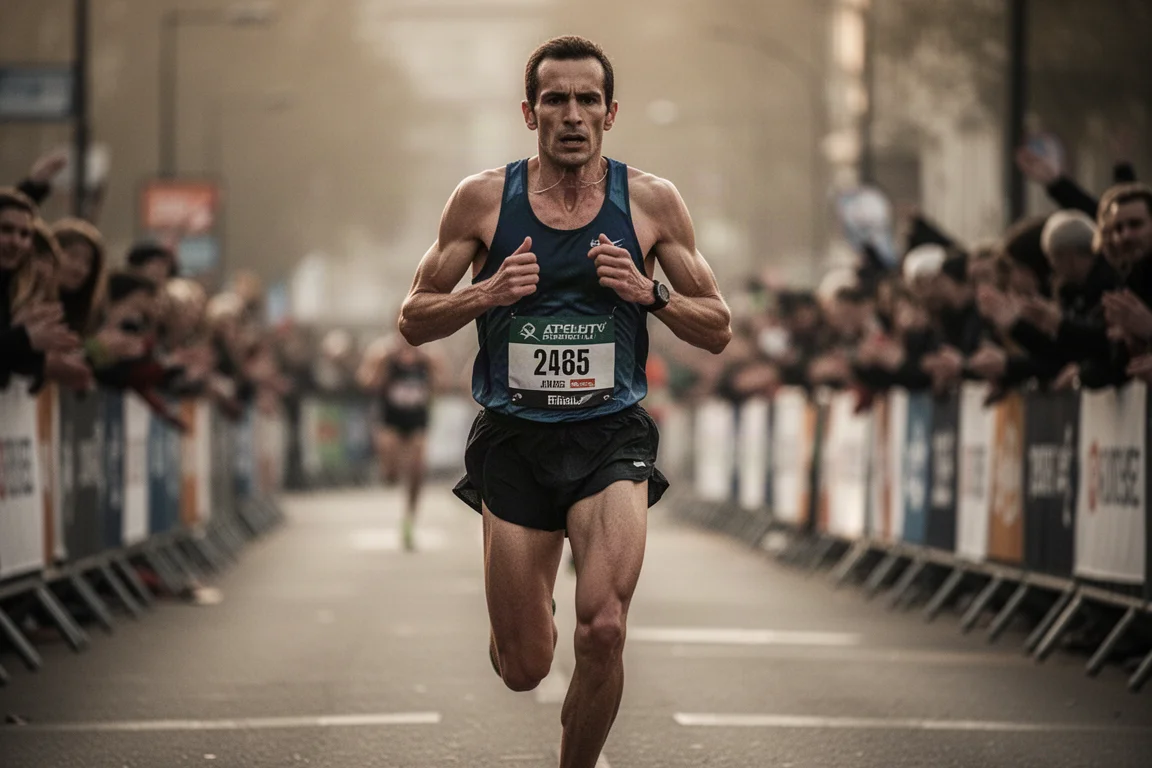 Exhausted runner pushing hard in the final miles of a marathon