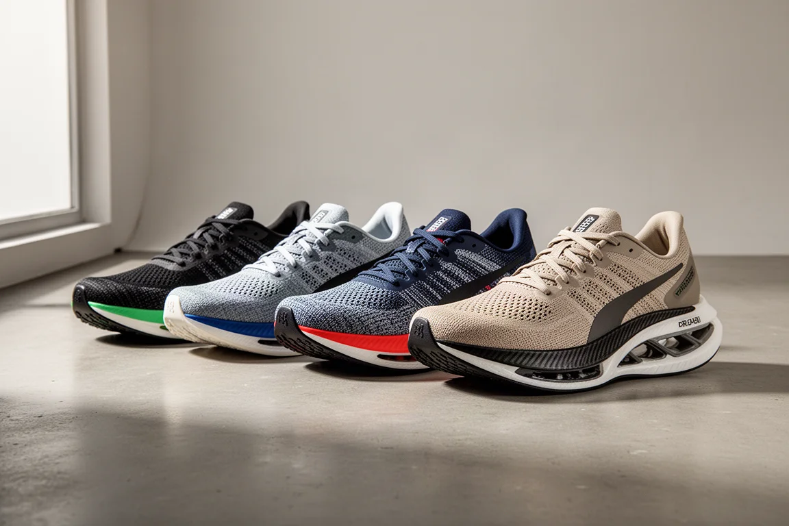 Six carbon-plated marathon racing shoes arranged in a row on a concrete surface