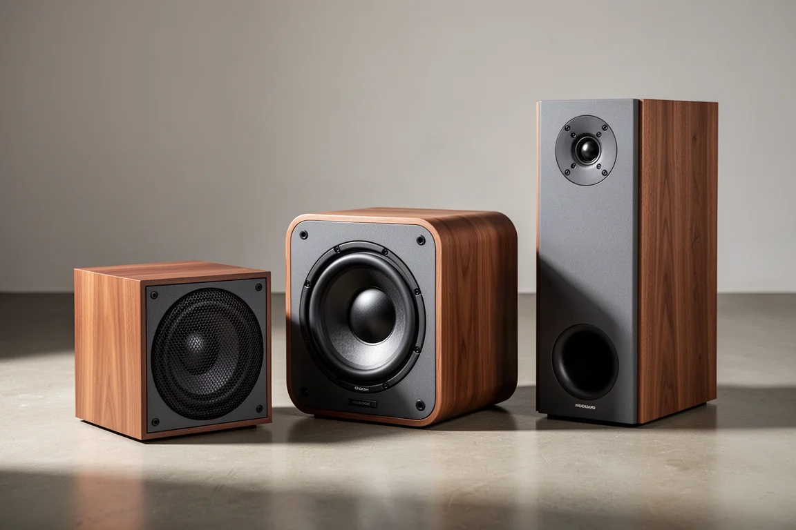Three compact subwoofer cabinets of different sizes arranged on a matte concrete floor