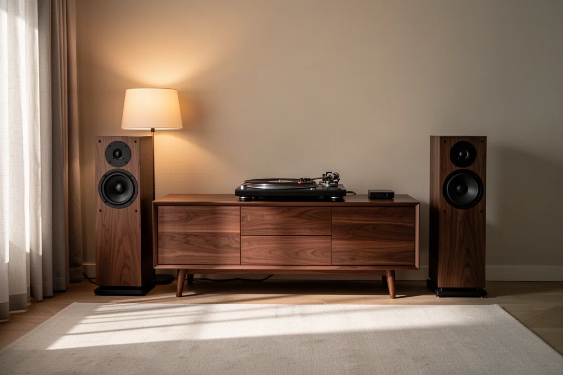 Tocadiscos y altavoces de suelo en una sala de estar con luz tenue al atardecer