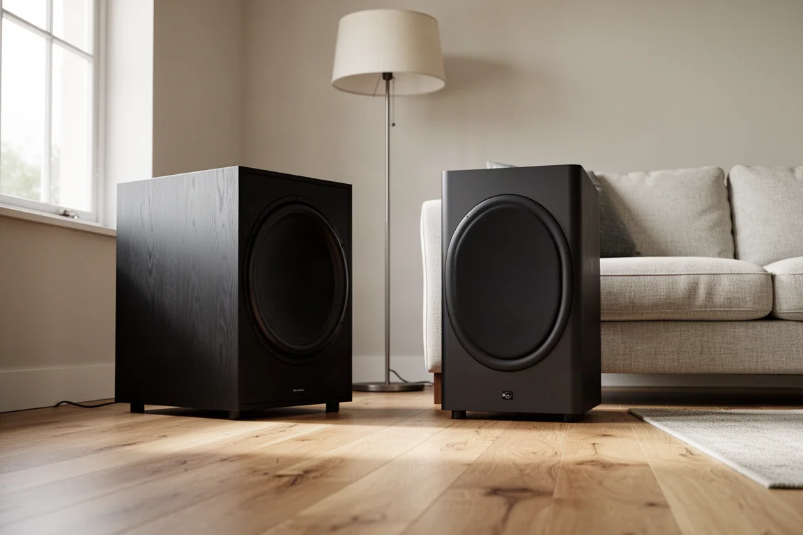 Gran caja de subwoofer negro mate junto a un sofá en la esquina de una sala de estar