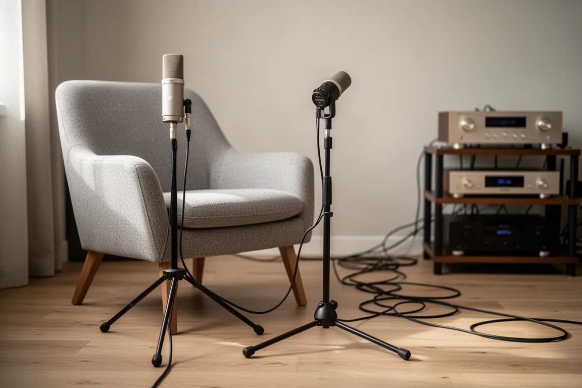 Micrófono de medición sobre un trípode frente a un sillón de escucha durante la configuración