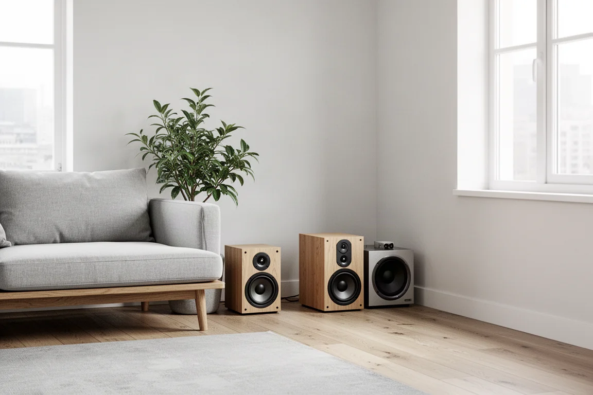 Equipo estéreo compacto de apartamento con un subwoofer en una esquina luminosa