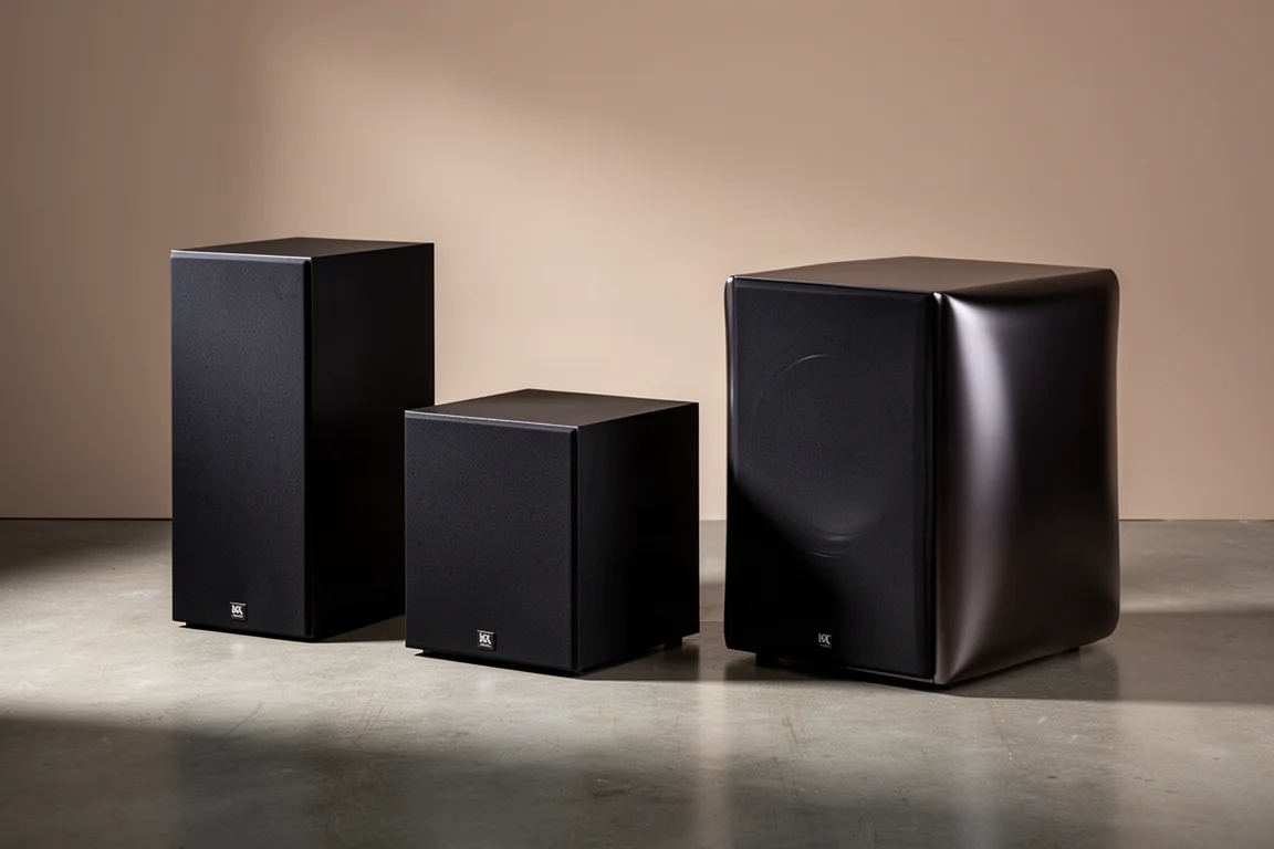 Three subwoofer cabinets of different sizes arranged on a concrete floor
