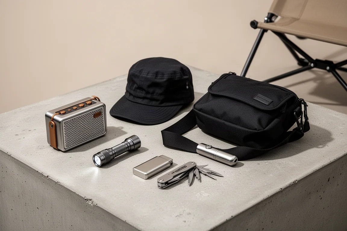 Flat-lay di nove accessori estivi da everyday carry disposti su una superficie di cemento