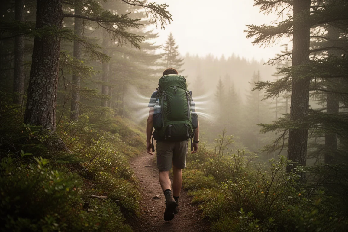 Backpacker wspinający się w wilgotnym lesie na grzbiecie w środku letnich upałów, widziany od tyłu