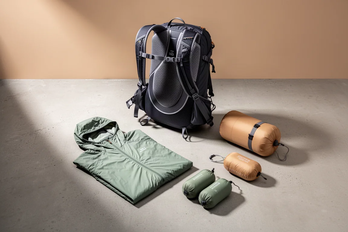 Ultralight summer backpacking gear arranged on a matte concrete surface