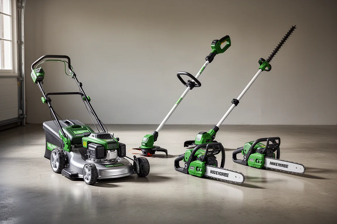 Assortment of cordless outdoor power tools on a concrete floor