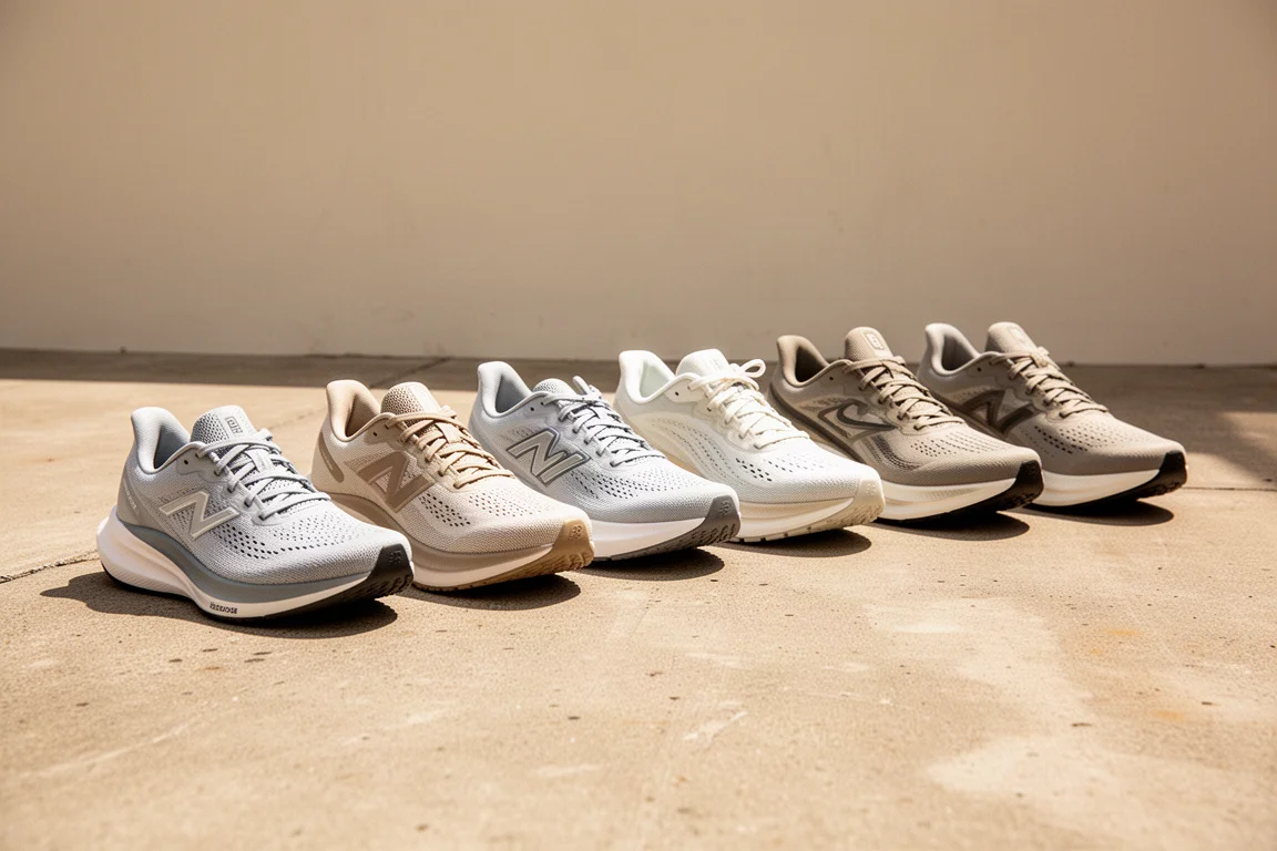 Lineup of summer running shoes arranged on sunlit concrete