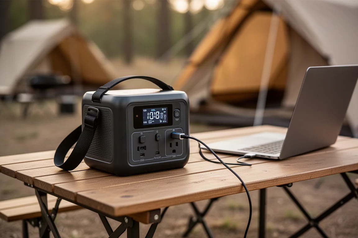 Portable power station on a camp table with a USB-C cable charging a laptop